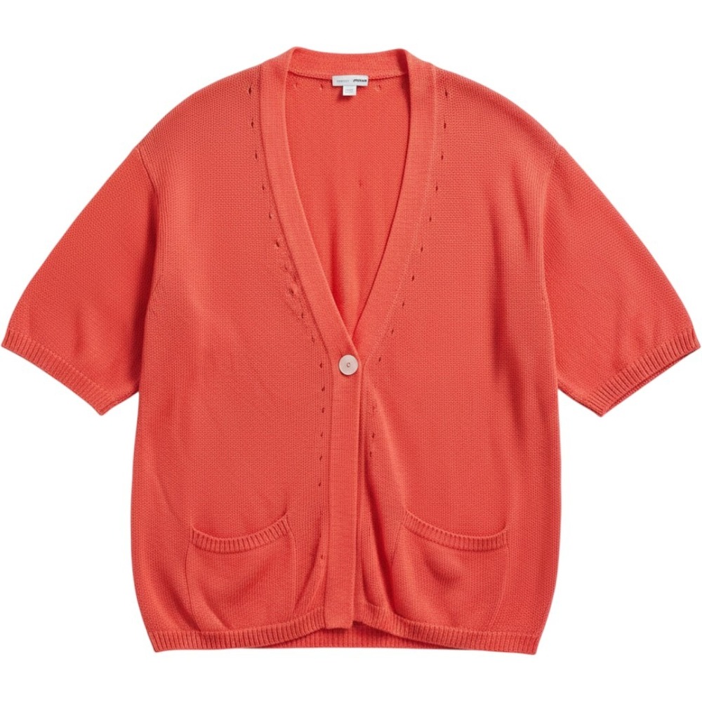 J. Jill Love Linen Coral Orange V-Neck Cardigan Sweater Small Natural Beach